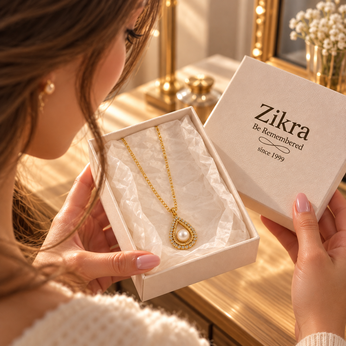 Opening a Zikra gift box with the Perla teardrop necklace inside