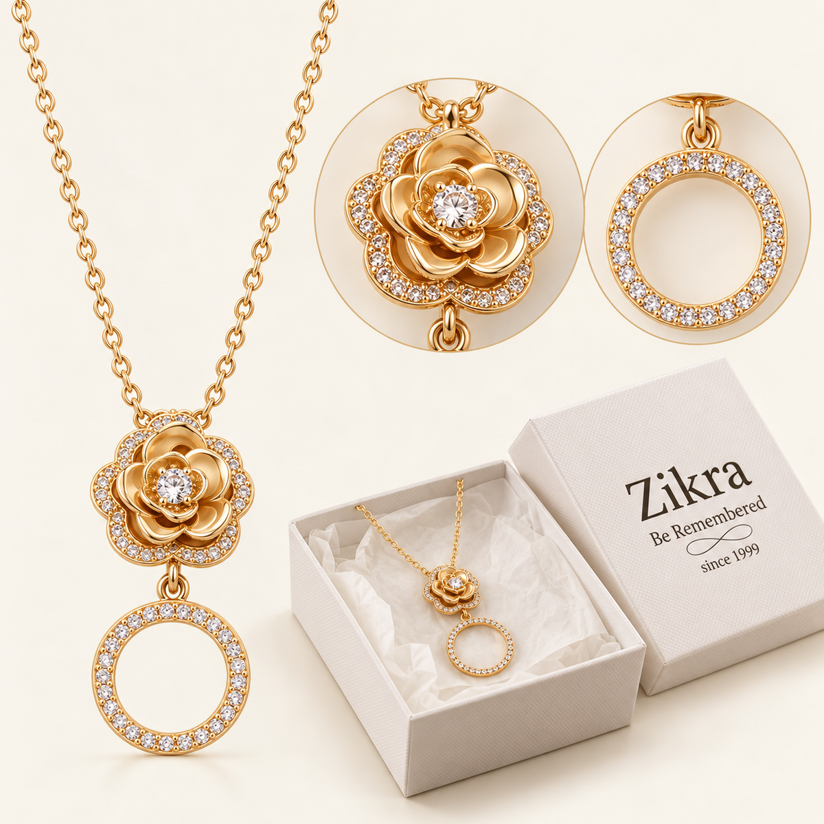 Rose pendant gold necklace with crystal details beside a Zikra gift box