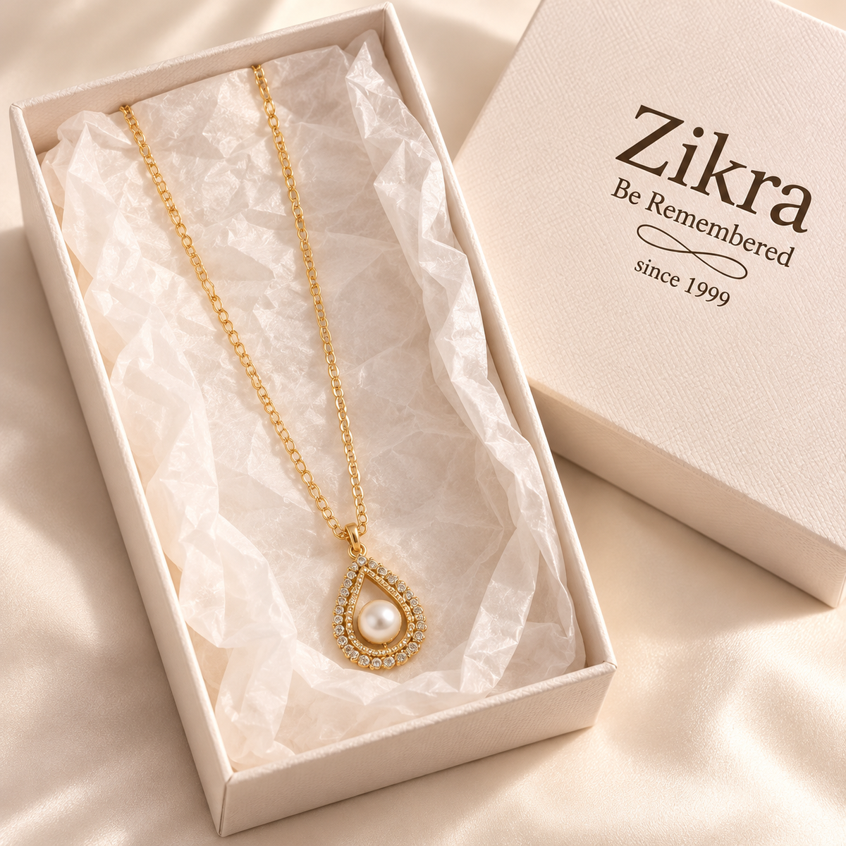 Aurelia gold pendant necklace in an open Zikra gift box
