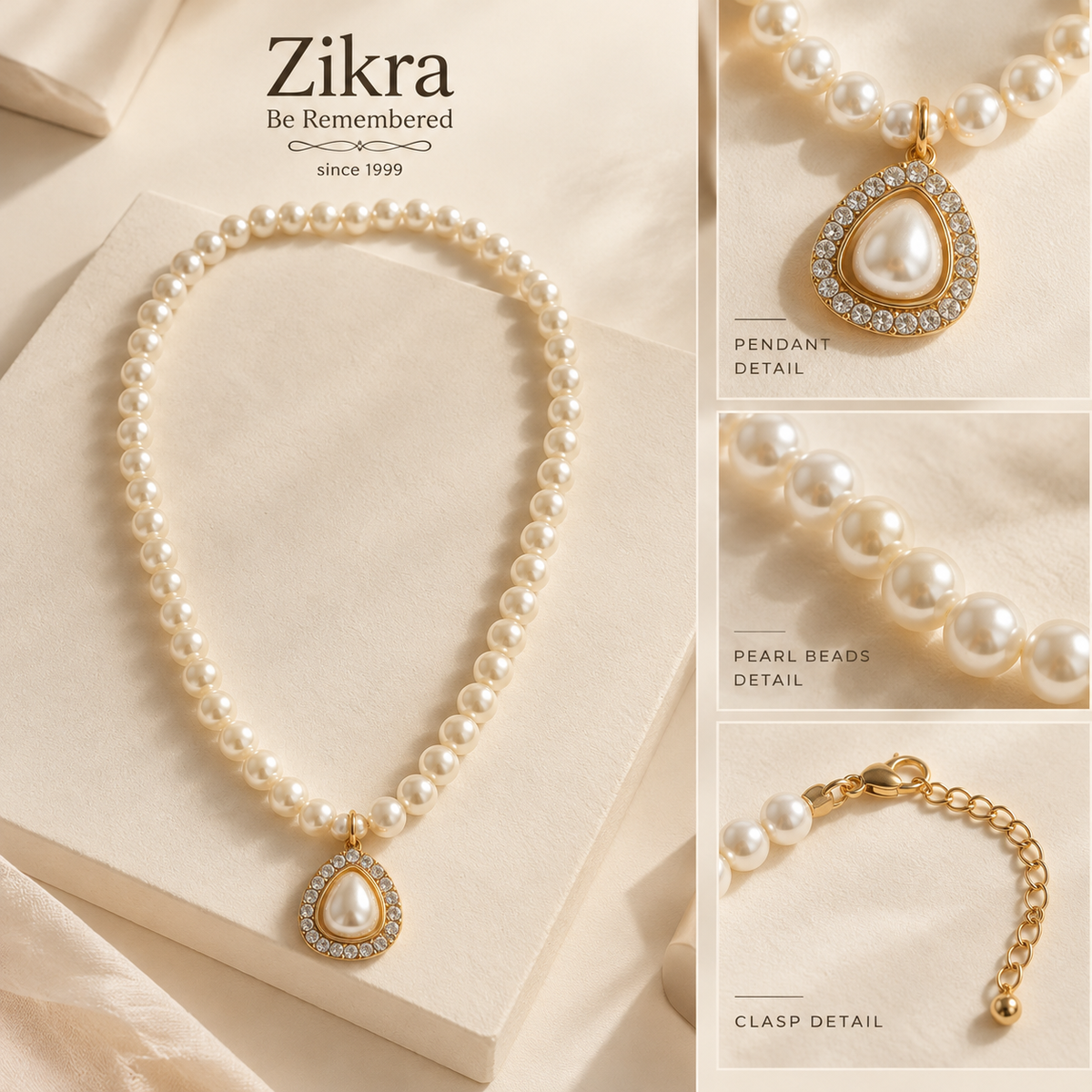 Pearl Drop Necklace details: pearl strand, gold-framed teardrop pendant and clasp