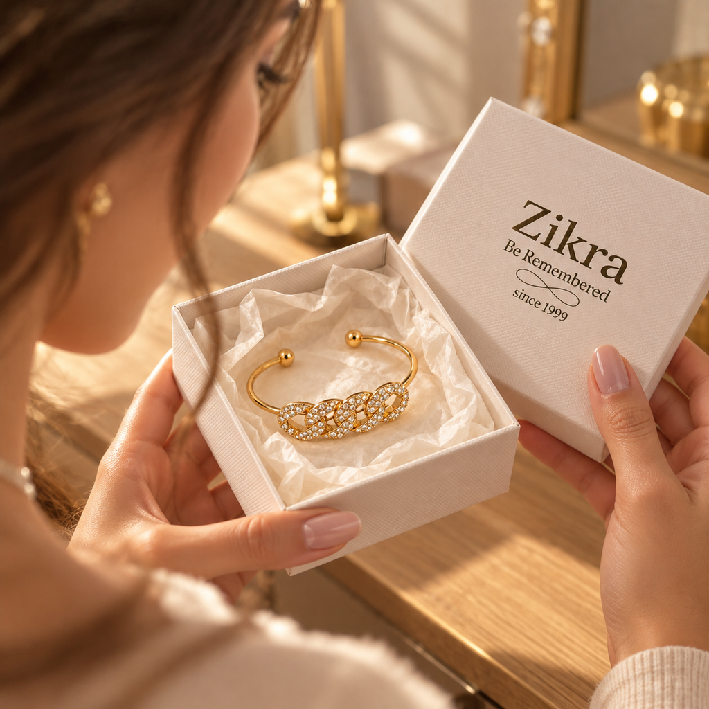 Celeste gold cuff bracelet unveiled in a Zikra gift box