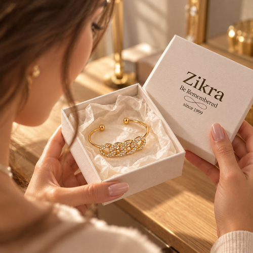 Celeste gold cuff bracelet unveiled in a Zikra gift box